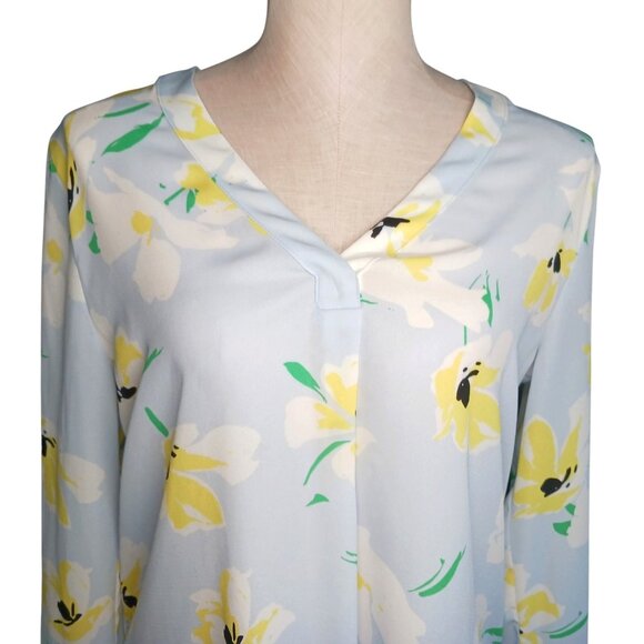 Ann Taylor Petite Small PS Floral Print Light Blue Yellow Top Blouse Floral - Picture 1 of 11